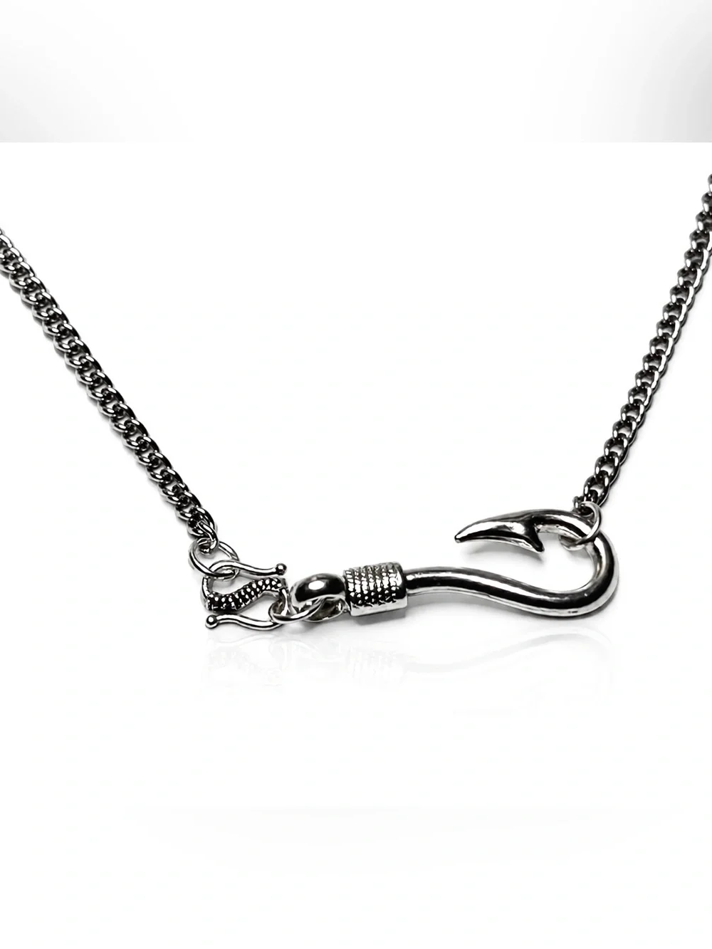 Silver Fish Hook Necklace, Men’s Statement Pendant, 23